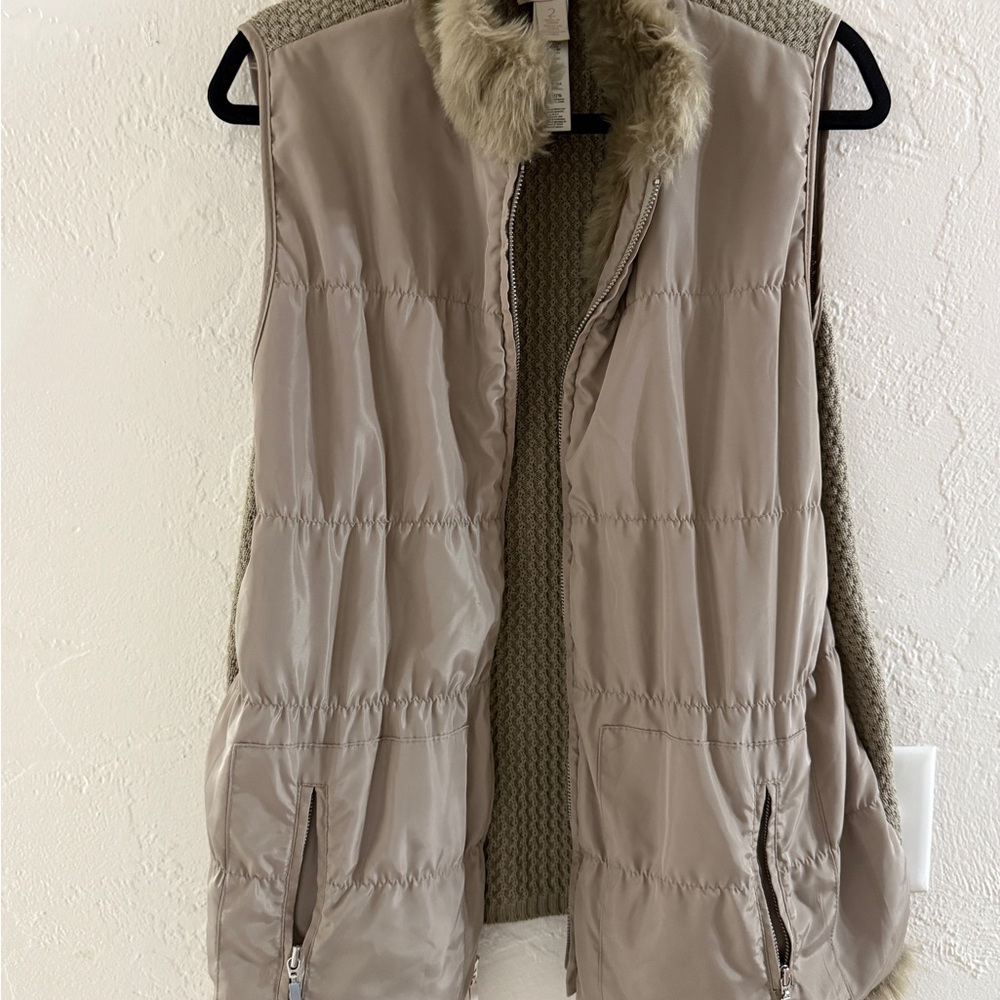 Chico's Taupe Puffer Vest with Faux Fur Trim